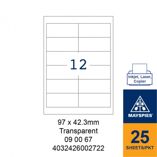 MAYSPIES 09 00 67 TRANSPARENT LABEL FOR INKJET / LASER / COPIER 25 SHEETS/PKT 97X42.3MM